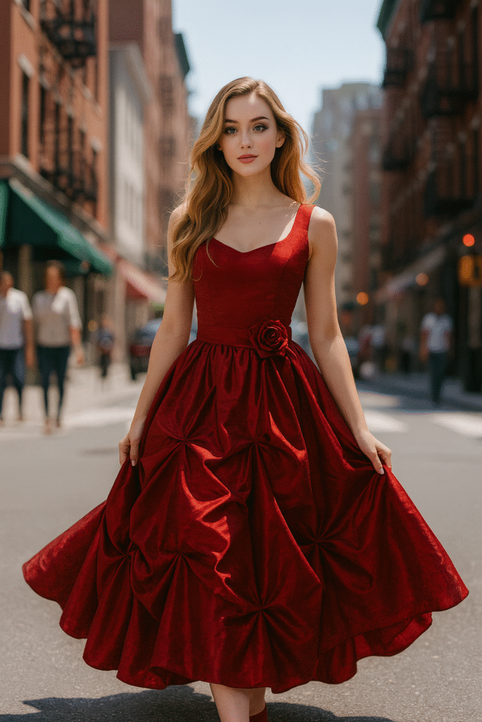 A girl is wearing a dress and walking on the streets of New York. AI Generated Image